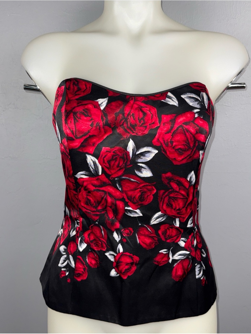 White House Black Market Corset Bustier Top Women’s 6 Black Red Roses Strapless